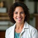 Portrait of Dr. Amelia Rodriguez, a certified nutritionist with a kind, professional demeanor, surrounded by subtle healthy food elements.