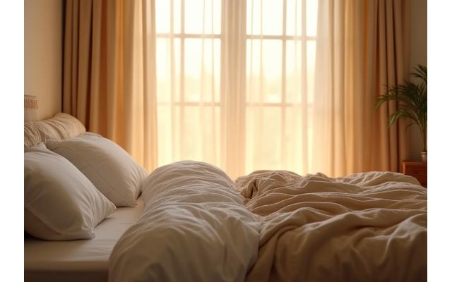A serene bedroom scene at dawn, with soft, natural light filtering through sheer curtains, emphasizing comfort and tranquility, symbolizing sleep optimization.
