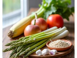 A colorful assortment of prebiotic-rich foods like onions, garlic, bananas, and asparagus, artistically arranged to highlight their natural beauty.