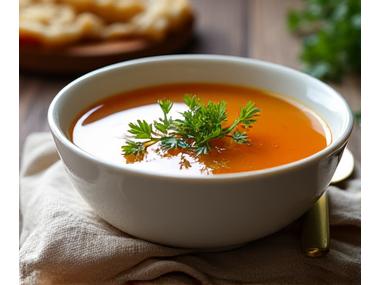 A steaming bowl of rich, amber bone broth garnished with fresh herbs, ready to be served, emphasizing its comforting and healing properties.