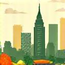 Illustration of Austin city skyline with healthy food icons, representing a restaurant directory