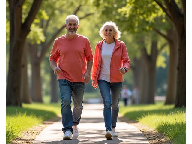 Vibrant, active senior couple walking briskly in a park