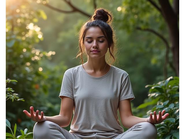 Man practicing mindfulness outdoors, looking calm and centered
