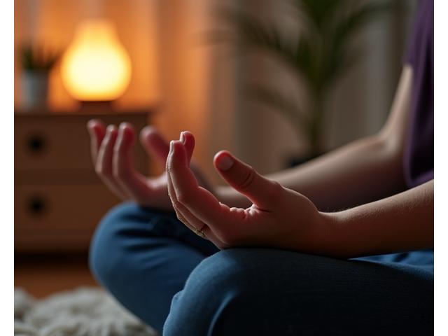 Person meditating peacefully, representing stress management before bed