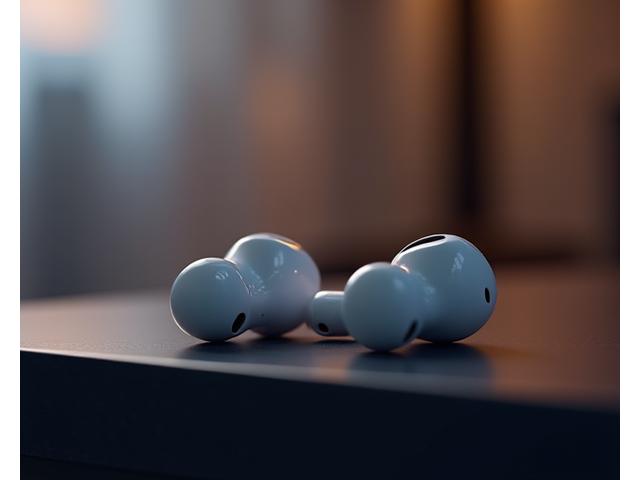 Noise-cancelling earbuds on a nightstand, representing sound management
