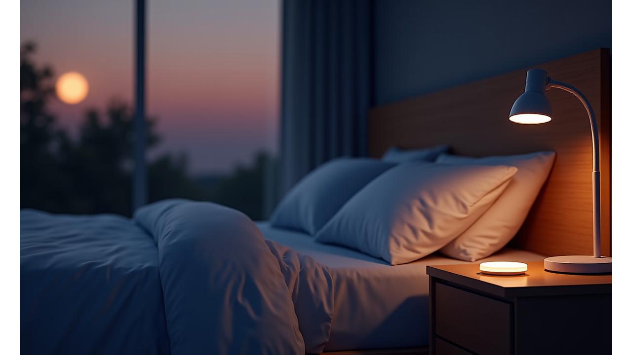 Calm, serene sleeping environment with soft lighting and subtle sleep tracking technology, representing optimizing sleep after 35